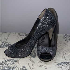 Nine West Glittery Navy Peep-Toe Heels